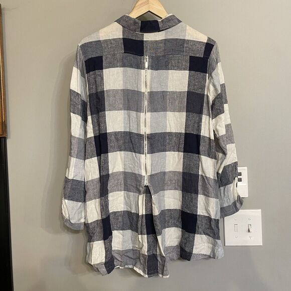 Soft Surroundings Carreaux Shirt Tunic Linen Blend Plaid 3/4 Sleeve Zip Back XL - Picture 2 of 8